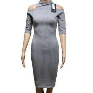 AX Paris Womens Bodycon Dress Cold Shoulder Ribbed Knit Gray Silver Size 8